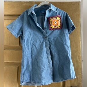 Chambray button down with crochet pocket